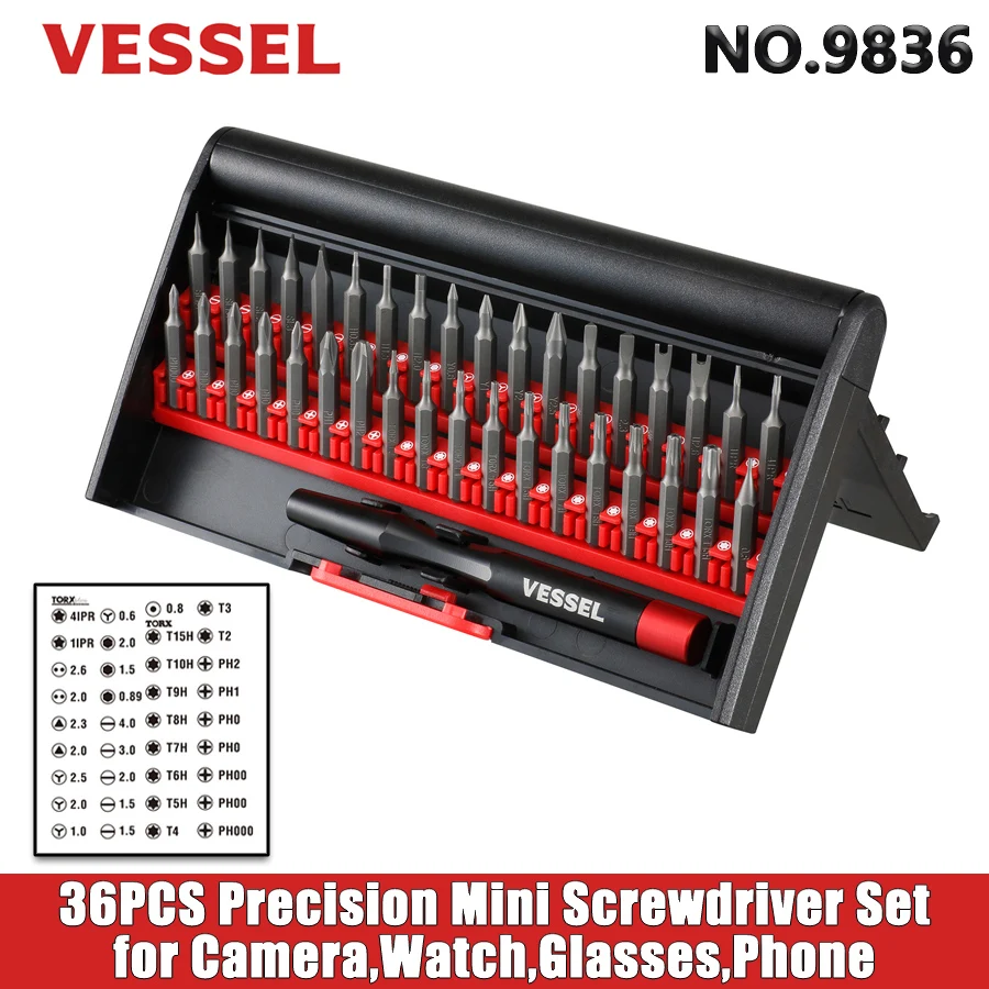 VESSEL 36PCS Precision Mini Screwdriver Set for Camera,Watch,Glasses,Phone Repair Tools Replacement Screwdriver Bit Set NO.9836