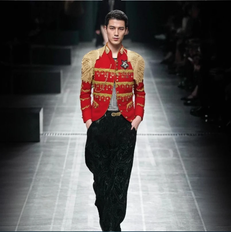 

Men's sequined metal casual wear, rock band performance suit, stage male singer DJ tassel performance suit