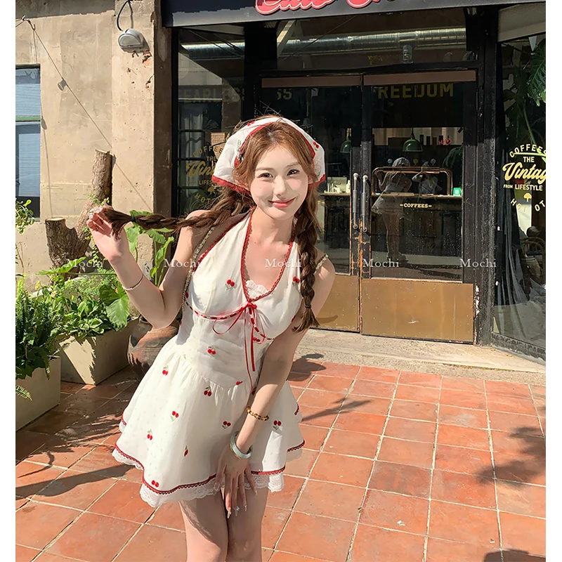 Mexzt doce impressão mini vestido feminino moda festa bonito rendas retalhos halter vestidos de verão y2k coreano decote em v bodycon vestidos