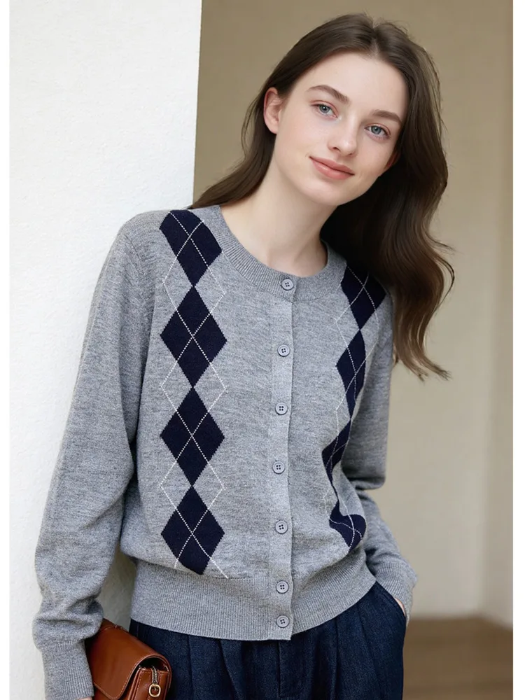 

Spring Women Argyle Knitted Cardigan 32% Wool Blend Round Neck Single Breasted Sweater Korean Knitwear