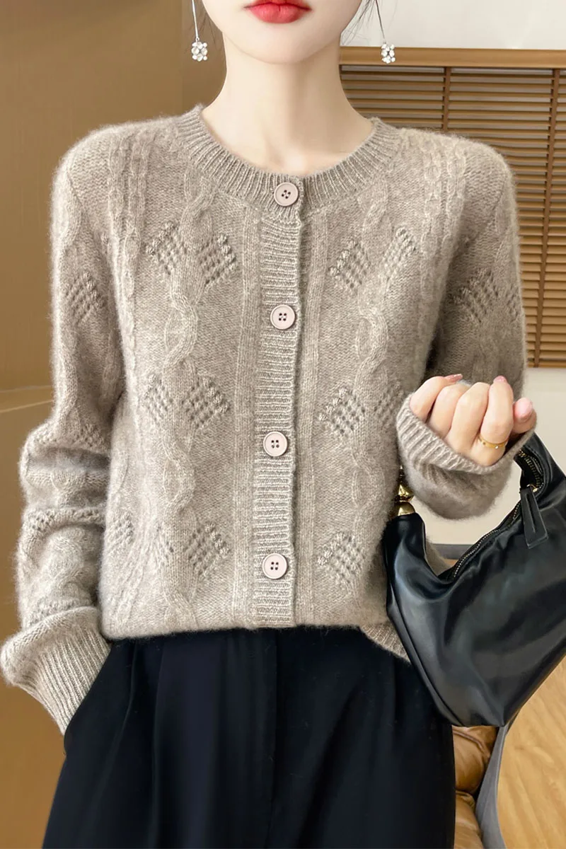 Nuovo cardigan maglione girocollo in lana imitazione autunno e inverno, giacca lavorata a maglia jacquard semplice e alla moda