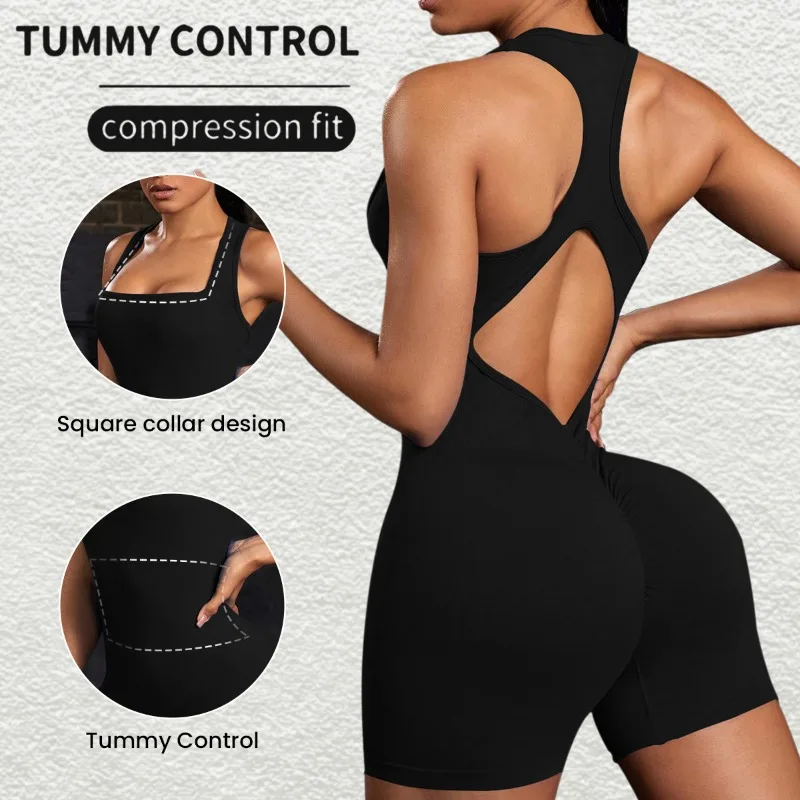 

New Backless One-piece Jumpsuit Women Sexy Tummy Control Seamless Bodycon Stretch Shorts Tank Top Sleeveless Scrunch Yoga Romper