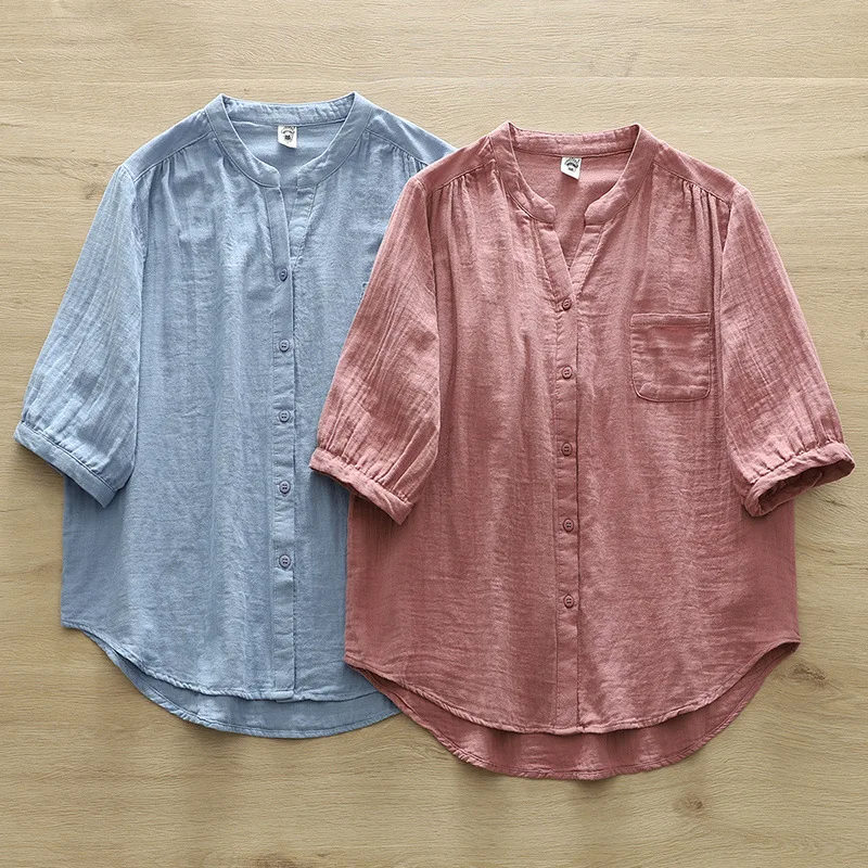 New Spring Cotton Yarn Shirt Women Stand Collar Short Sleeve Solid Top Girl Fashion Pocket Retro Blouses 2024 Summer T44995QM