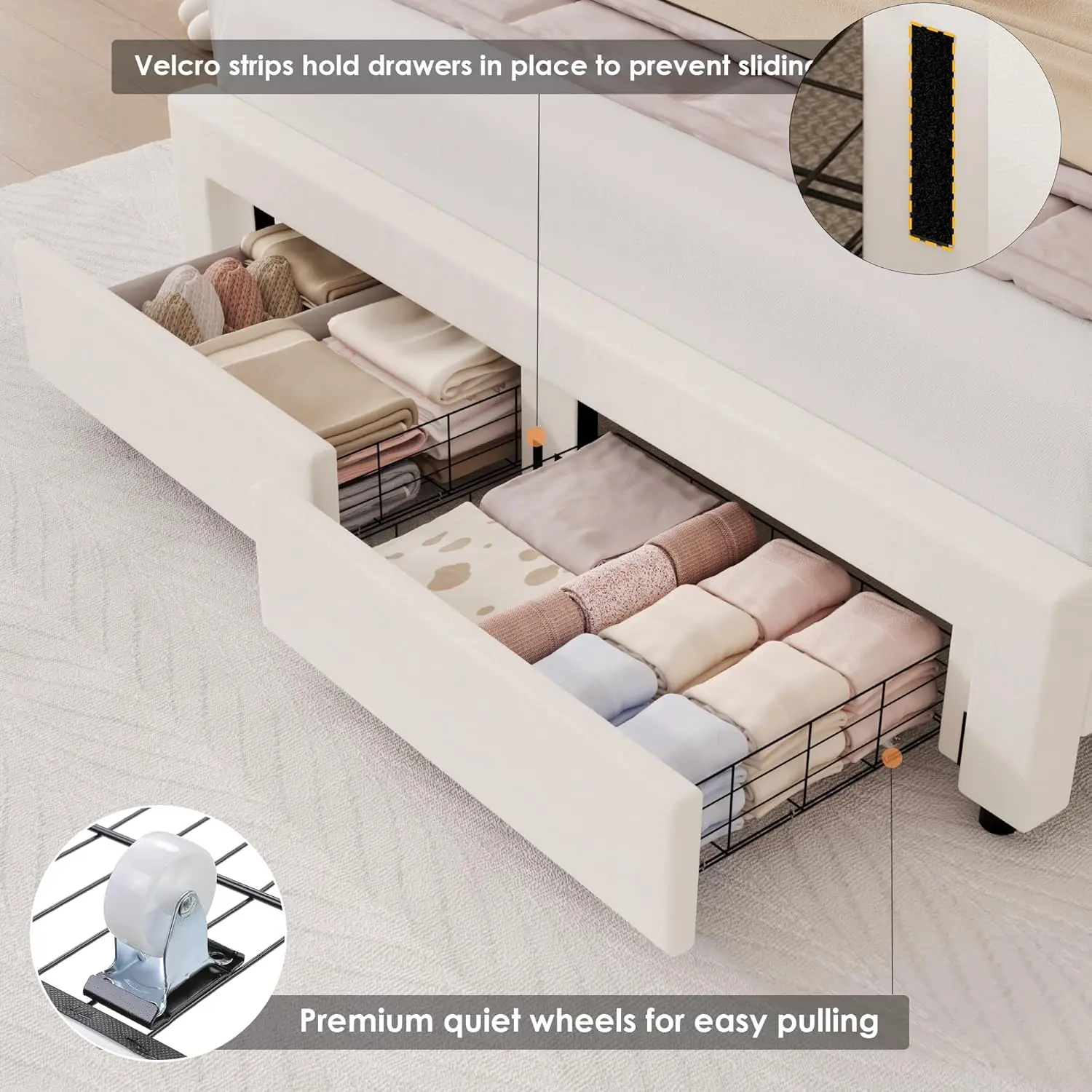 Upholstered Smart LED Bed Frame with 2 Storage Drawers & Adjustable Chic Double Petal Headboard, Velvet Princess