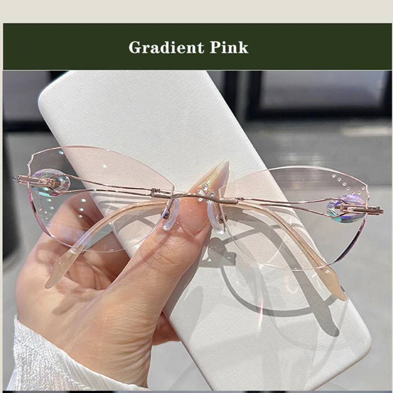 EOOUOOE Luxurian Shine Women Eyeglass Pure Titanium Glasses Optics Myopia Butterfly Gradient Lens Rimless Diamond Beautiful