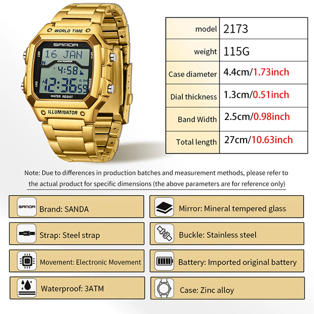 SANDA Brand Men Electronics Watch Waterproof Luminous Square Dial Man Wristwatch Digital LED Alarm Digital-watch Sport Watch