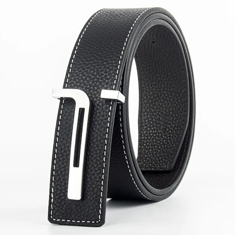 High-end T letter men's belt genuine leather first layer cowhide inner wear smooth buckle formal youth trend men's belt