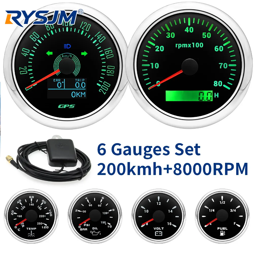 6 Gauges Set Kit 85mm 200KM/H GPS Speedometer Tachometer 8000RPM 0-190Ω Fuel Level Water Temp 0-120℃ Oil Pressure 0-10Bar Car