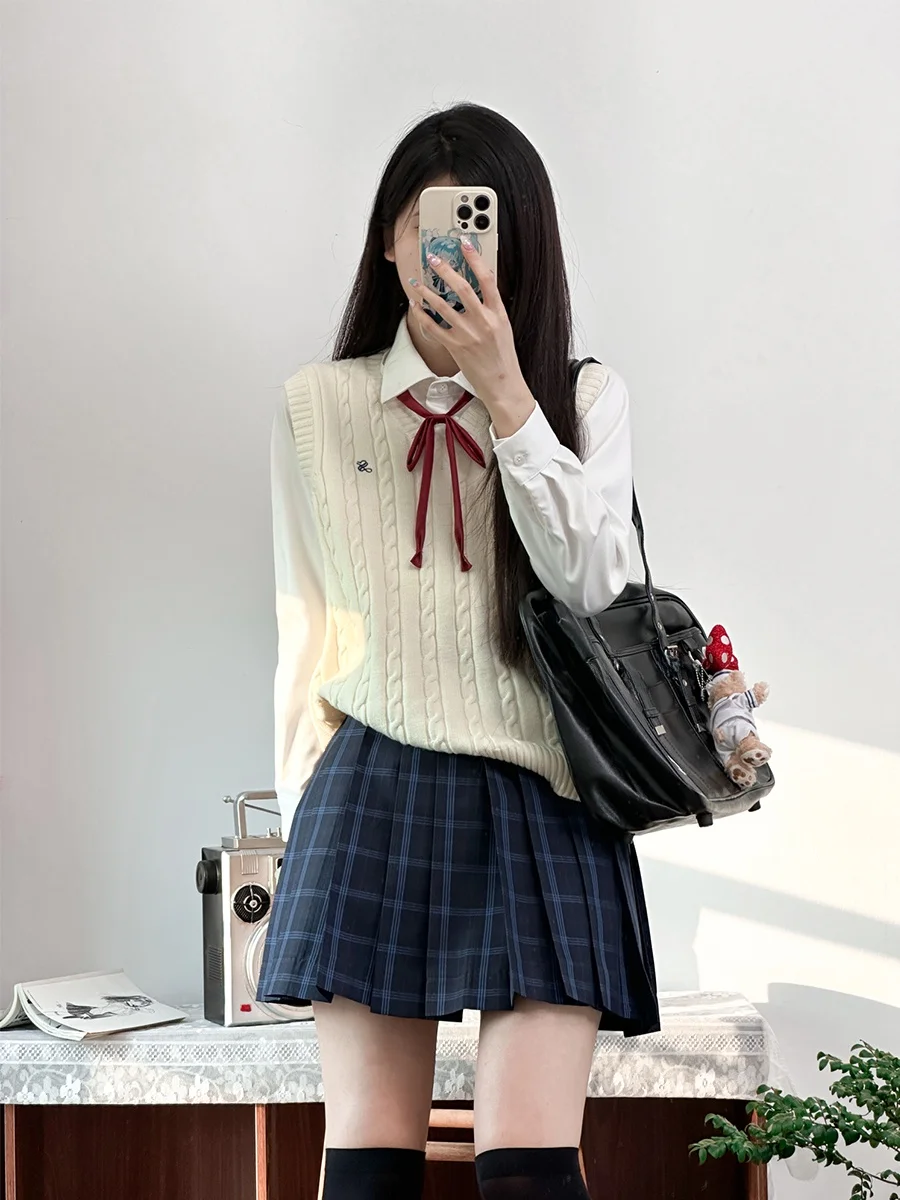 

Оригинальный Jk Cherry Original Lan Plaid orm Set Женский irt Vest Blue Plaid f Юбка Футболка Set Sweet Sle High W...