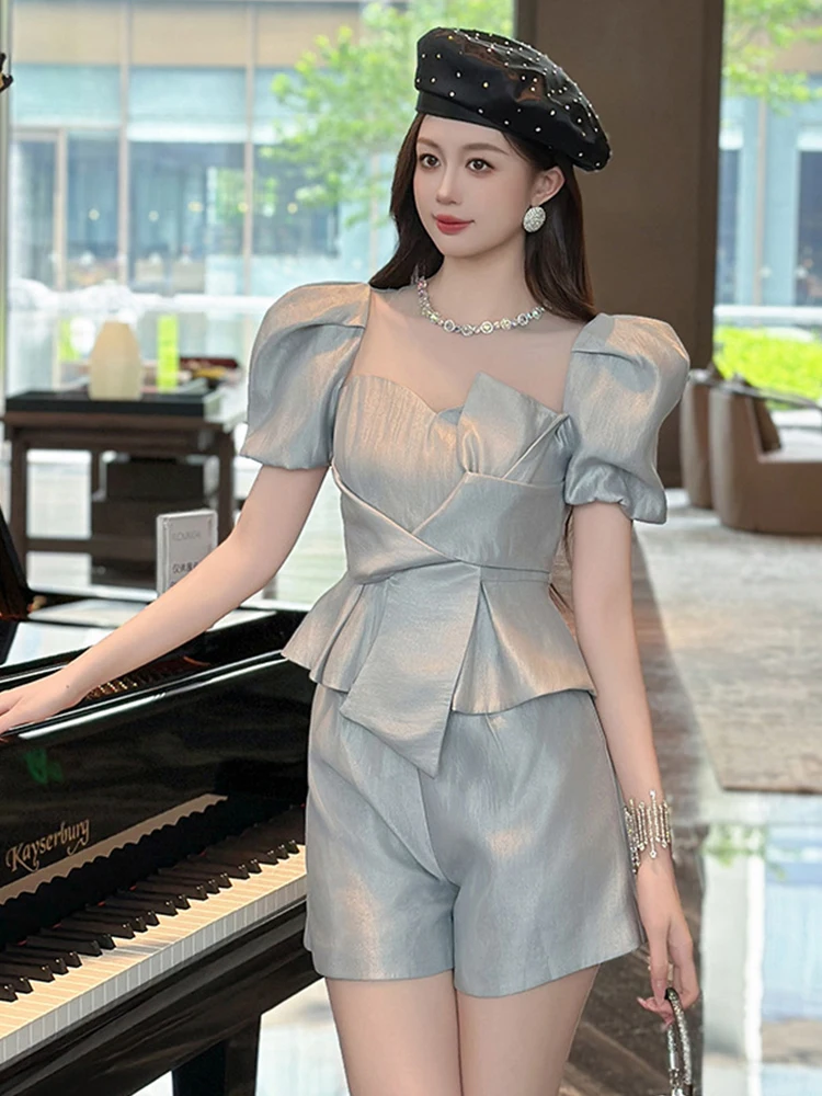 Fashion Elegant Luxury Diamonds Satin Sheer Mesh Splic Short Shirt Women Clothes Mujer Sweet Bow Puff Sleeve Folds Tops Blouse