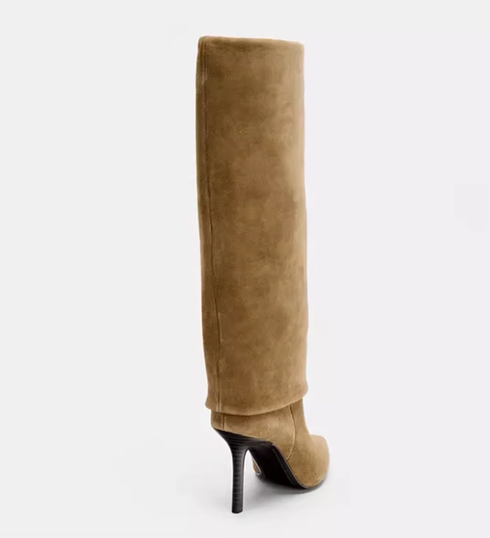 

Fold-Over Slouchy Cuff Pointed Toe Taupe Suede Knee-High Stiletto Boots Modern Retro Women's Daily Big Barrel Boots