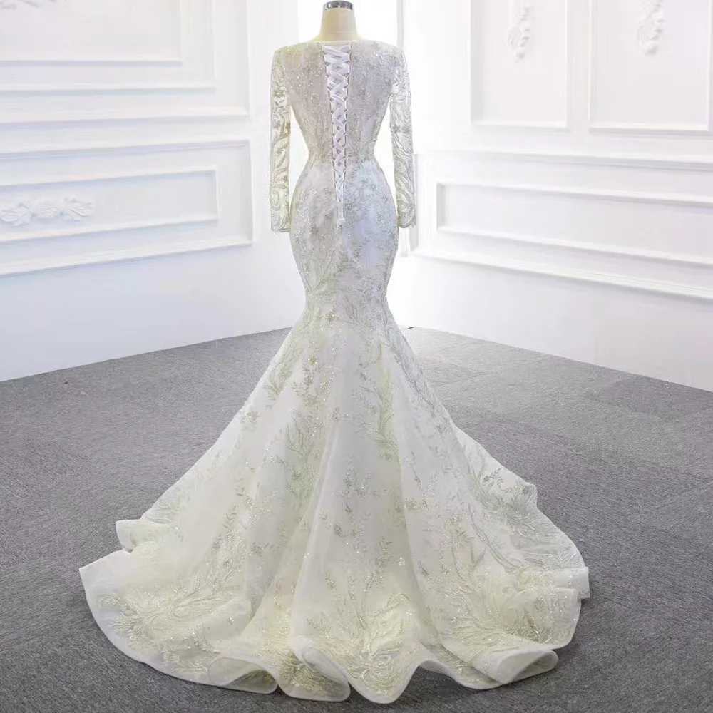 Train détachable col rond élégant à lacets dos manches longues robe de mariée broderie paillettes Abiti Da Sposa