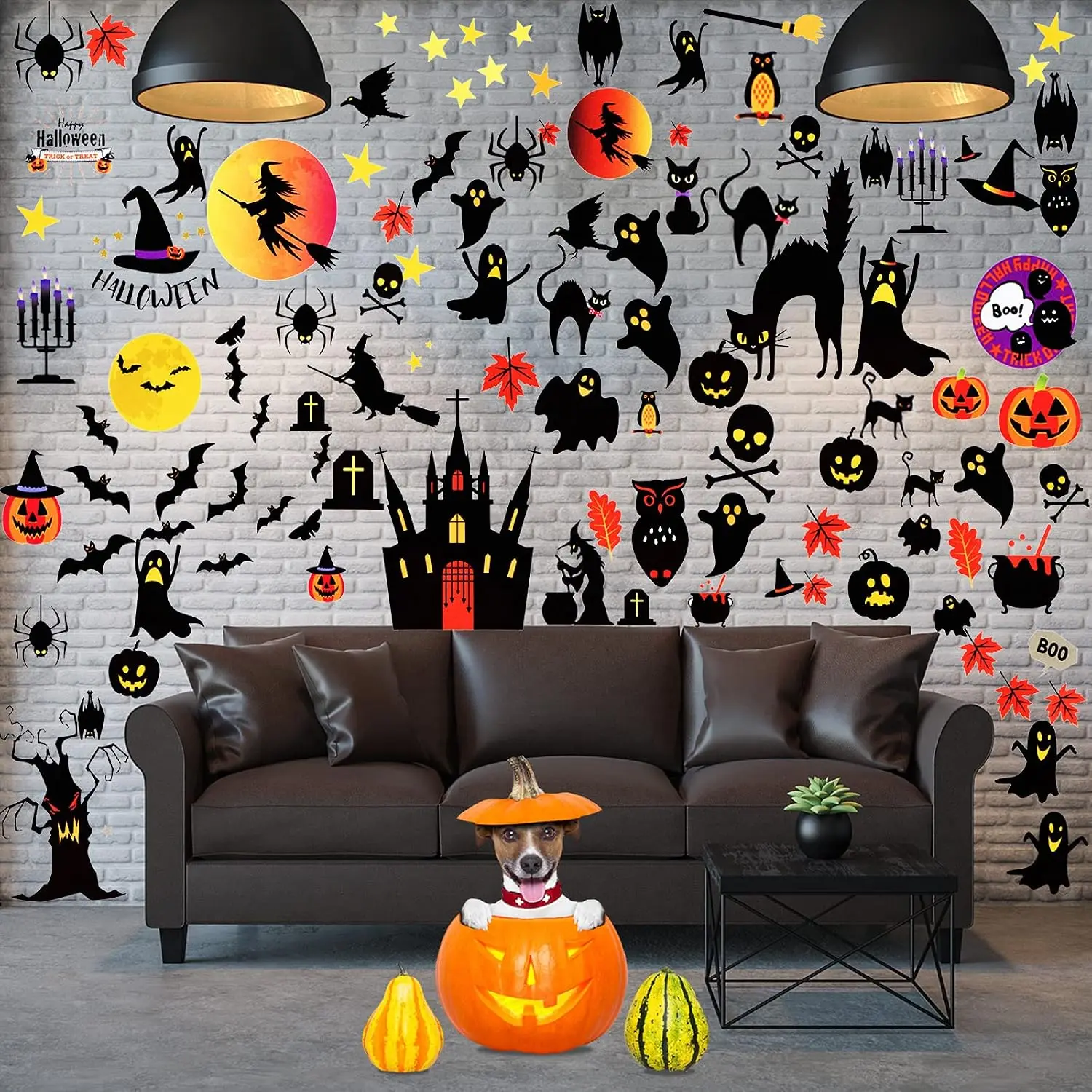 124Pcs Halloween Wall Stickers Reusable Decals Witch Cat Bats Ghost Pumpkin Window Clings Party Indoor Home Decor, Customized