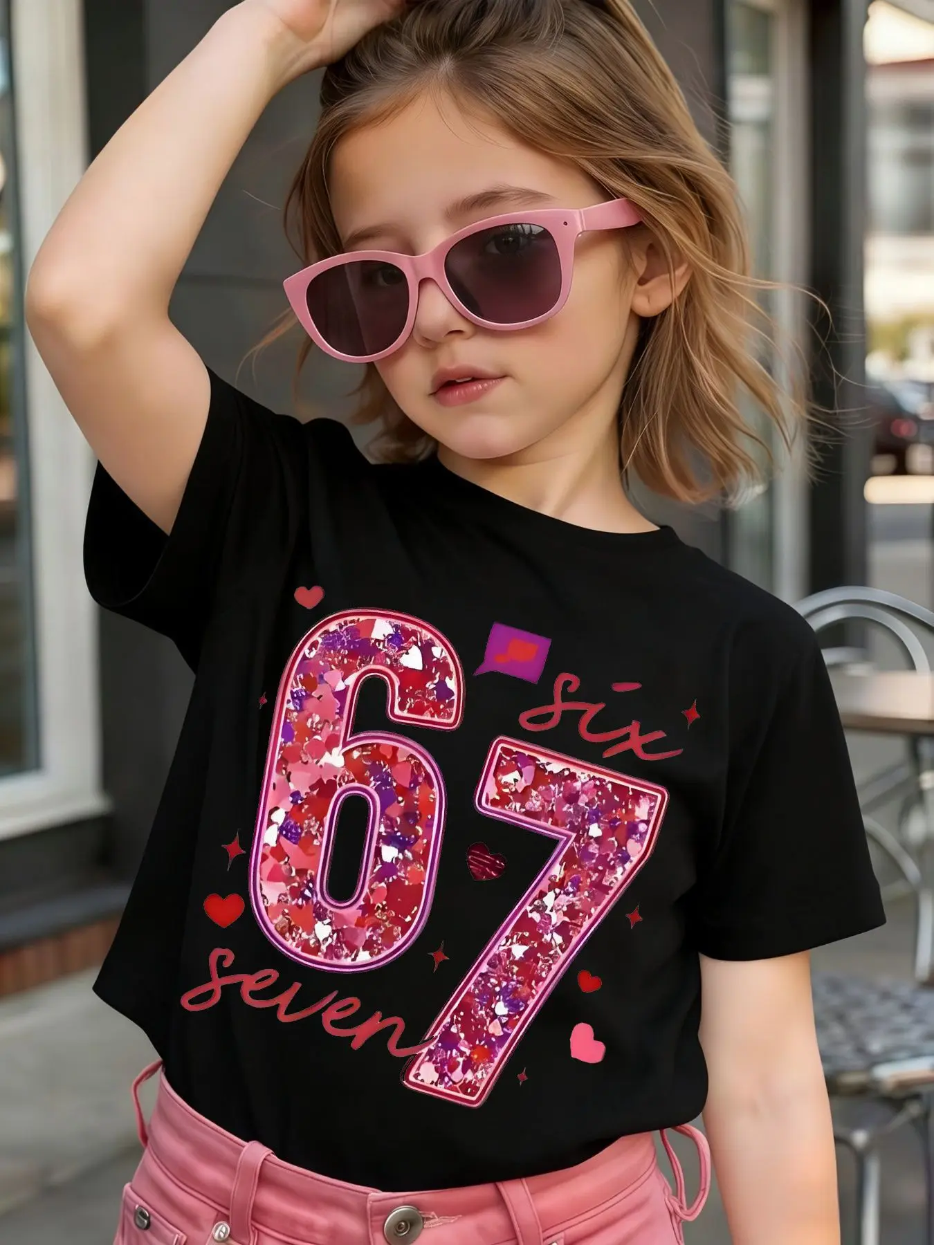 2026 Nummer 67 Mädchen T-Shirt Kinder Reine Baumwolle Bedruckt Kurzarm Pailletten-Stil Modisches Rundhals-Oberteil für Mädchen