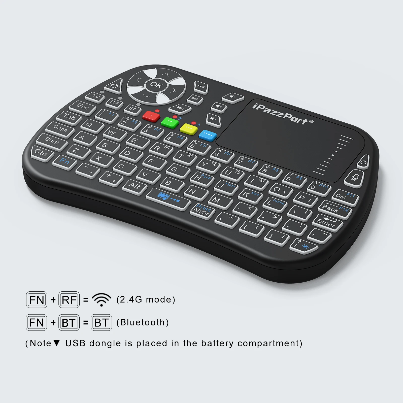 Rechargeable Bluetooth & 2.4G Wireless Keyboard with Touchpad, RGB Backlight, IR Learning, for PC/Smart TV/Laptop/Android TV Box