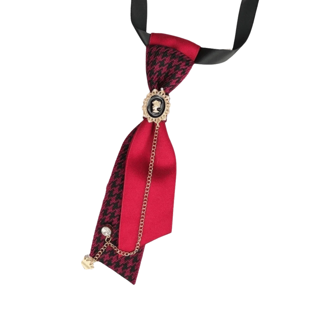 Fashion Y2K Preppy Necktie Oval Rhinestone Chain Plaid Bow Tie Adjustable Strap Multiple Colors Decorative Neck Tie JK Uniform
