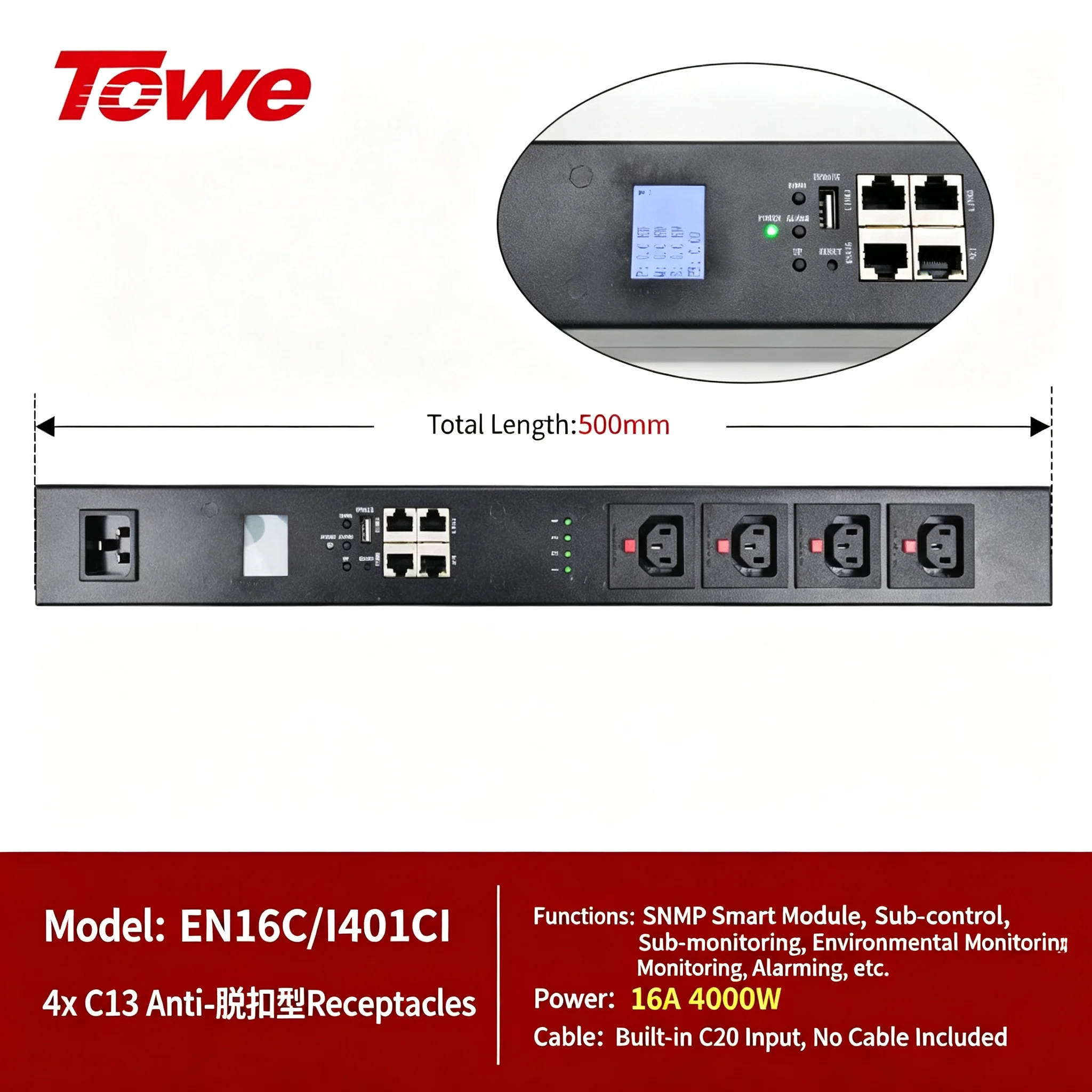 TOWE Smart SNMP PDU 4 IEC C13 Outlet Rack Mount Power Distribution Unit Remote Monitoring Switched Metered PDU C20 Input