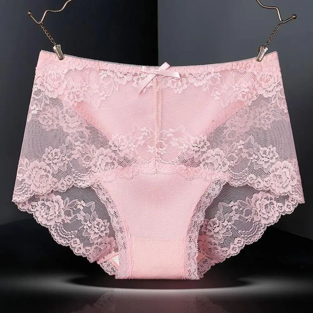 Women Underpants Hollow Out Soft Solid Color Mid Waist Elastic Briefs Flower Embroidery Lace Protective Breathable Women Panties