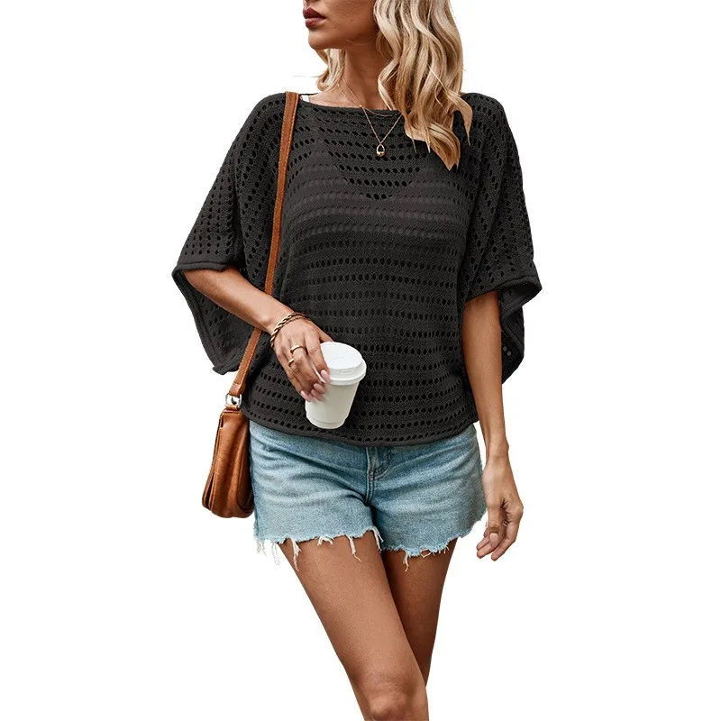 Round Neck Hollowed Out Loose Knit Pullover For Women Versatile For Spring Summer Bat Sleeves Solid Color New Style Cover Up Top