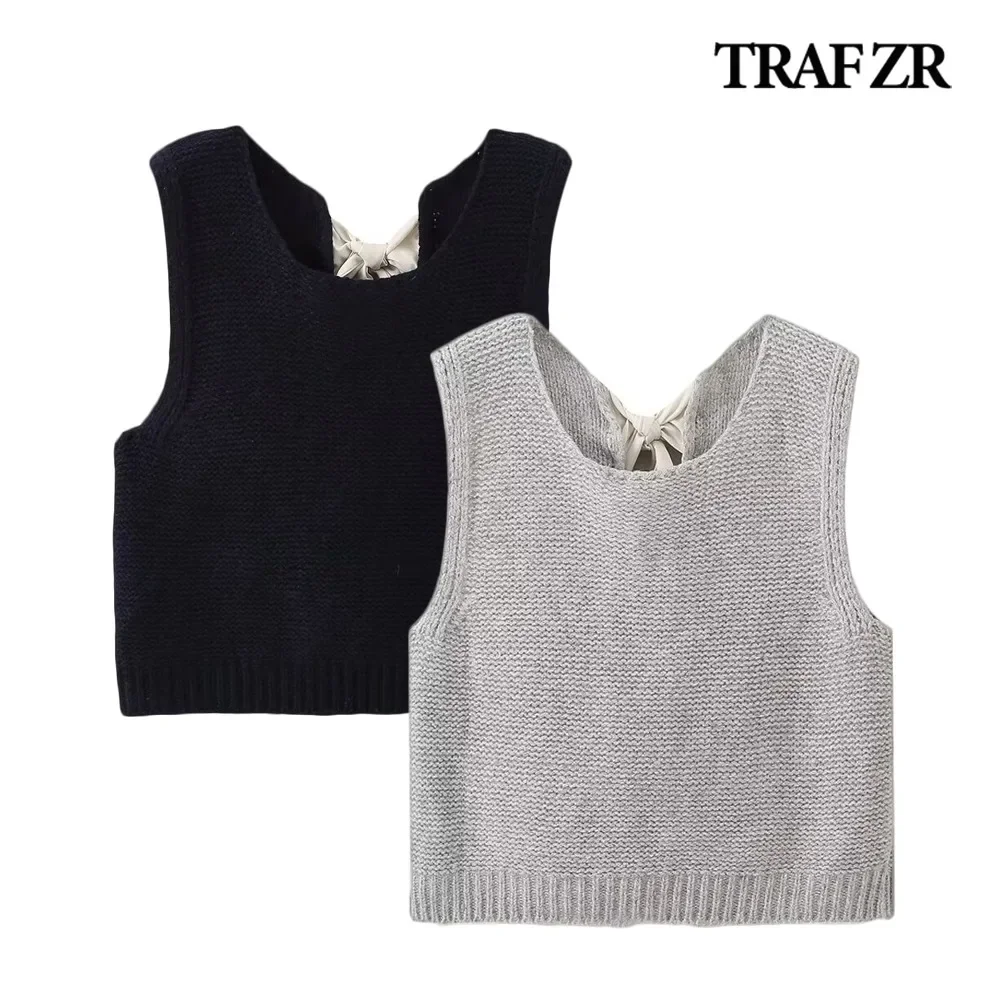 

TRAF ZR Bows Y2k Vintage Tank Top Tanks & Camis Elegant Knitted Sleeveless Top Back Opening Women's O-neck Tank Knitwears