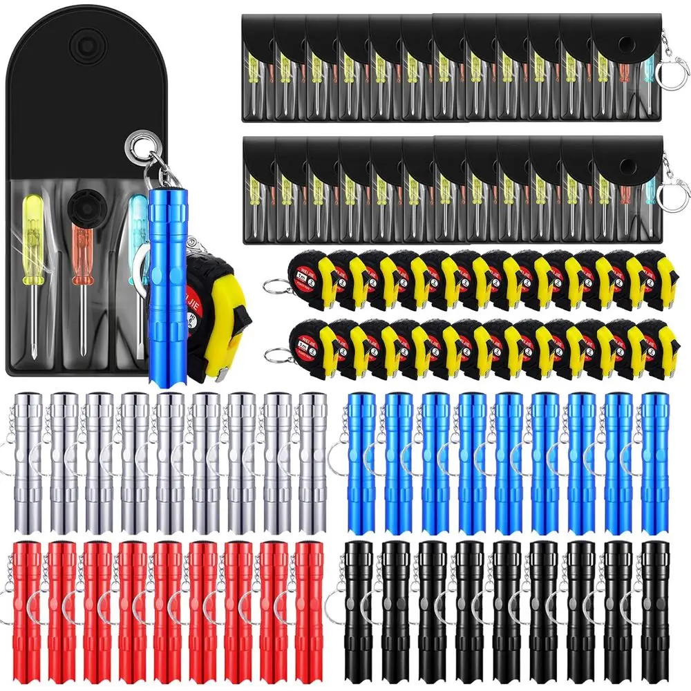 

Mini Screwdriver Tape Measure Keychains LED Flashlights Keychain Set Adult Pinata Stuffers Valentine's Day Neighbor Gifts