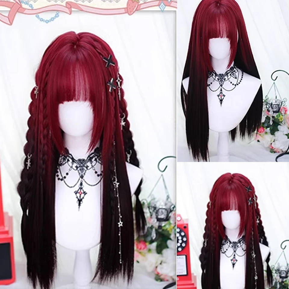 VICWIG Wig Wig panjang Lurus merah, rambut palsu Cosplay wanita panjang Lurus merah dengan poni sintetis, rambut palsu untuk pesta sehari-hari