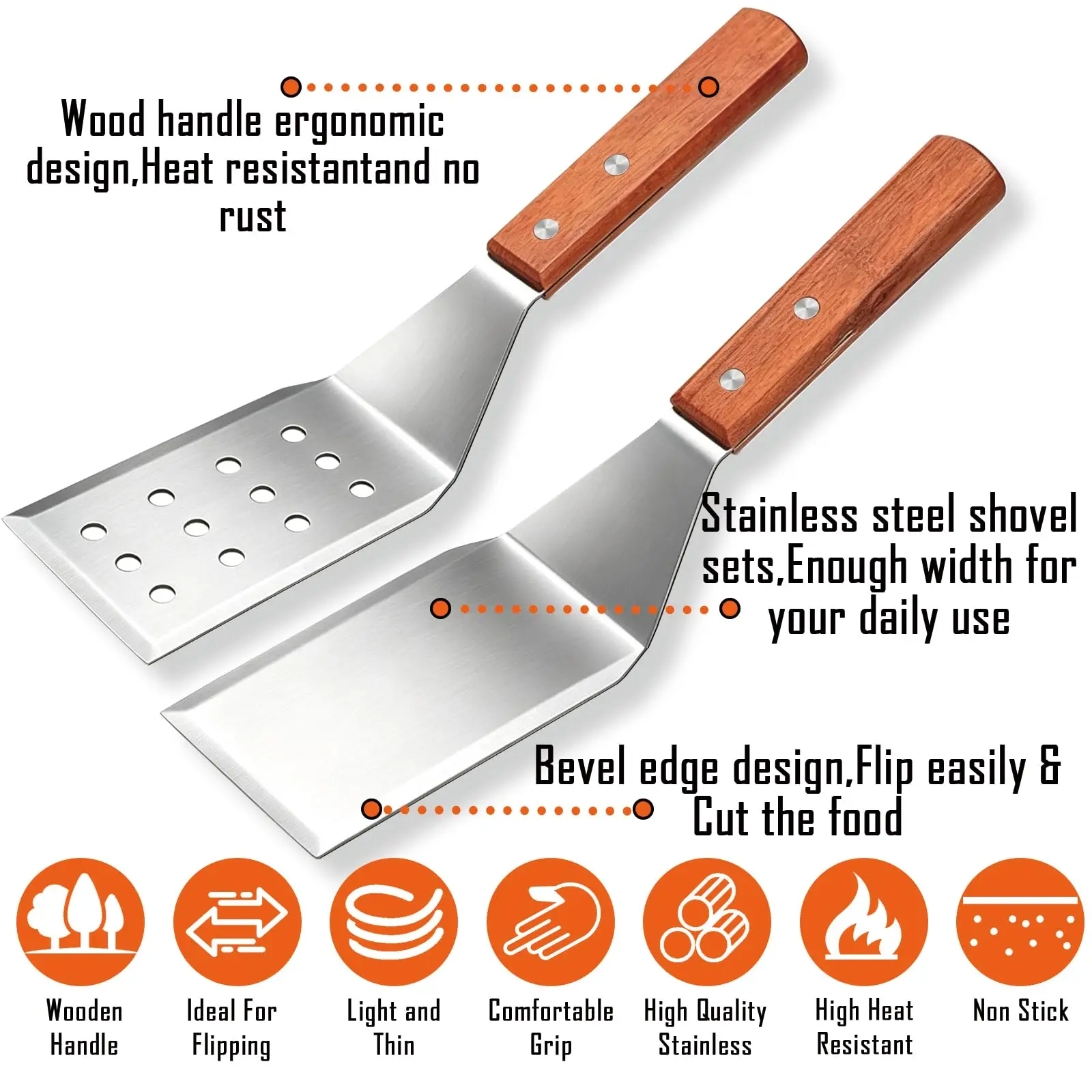 Stainless Steel Metal Spatula with Wooden Handle, , Flat Grill Scraper for Steak, Outdoor & Indoor Cook