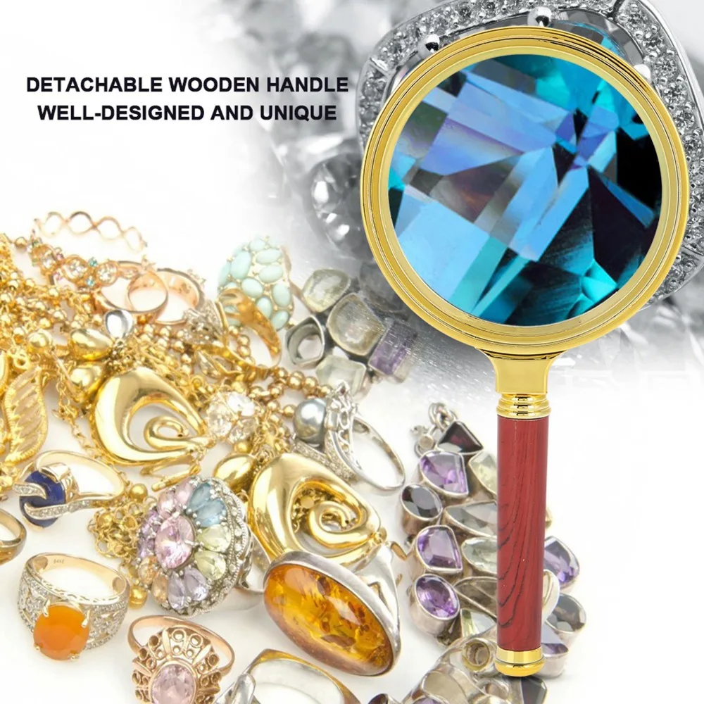 مقبض خشبي قابل للفصل 10X المكبر البلاستيك مطلية بالذهب الإطار مطلي فو الخشب الحبوب المحمولة العدسة المكبر المحمول