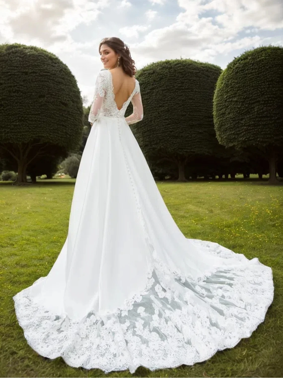 Elegante abito da sposa a trapezio romantico con scollo a V maniche lunghe in raso con applicazioni in pizzo abito da sposa da fidanzamento da spiaggia 2025 personalizzato gratuito