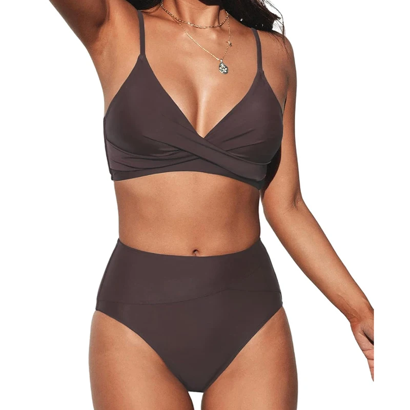 مجموعة البكيني المرأة 2 قطعة ملابس السباحة الصليب Ruched الخامس الرقبة عالية الخصر رفع بيكيني 2025 جديد عطلة الشاطئ السيدات ثوب السباحة