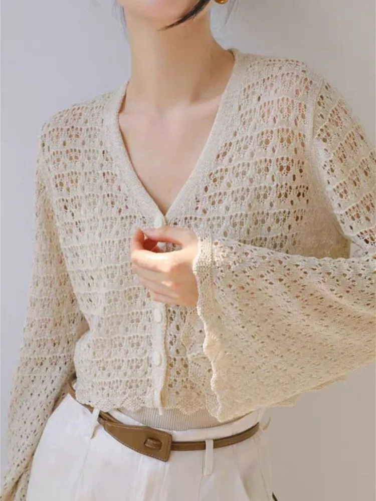 

V-neck Hollow Out Flared Sleeves Thin Knitted Cardigan Cropped Jacket Women Summer Long-sleeved Sunscreen Cover-up Vintage New