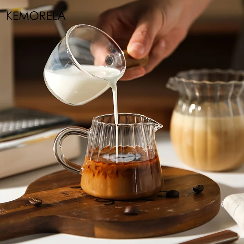 KEMORELA 1PCS Mini Coffee Cup Coffee Extraction Measuring Cup Retro Striped Glass Creamer Jar for Coffee Milk Dishwasher-Safe