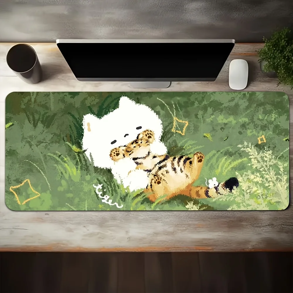 Cute White Cat & Green Grass Extended Desk Mat, Aesthetic Star Accent Mouse Pad, Soft Vibe Desktop Decor