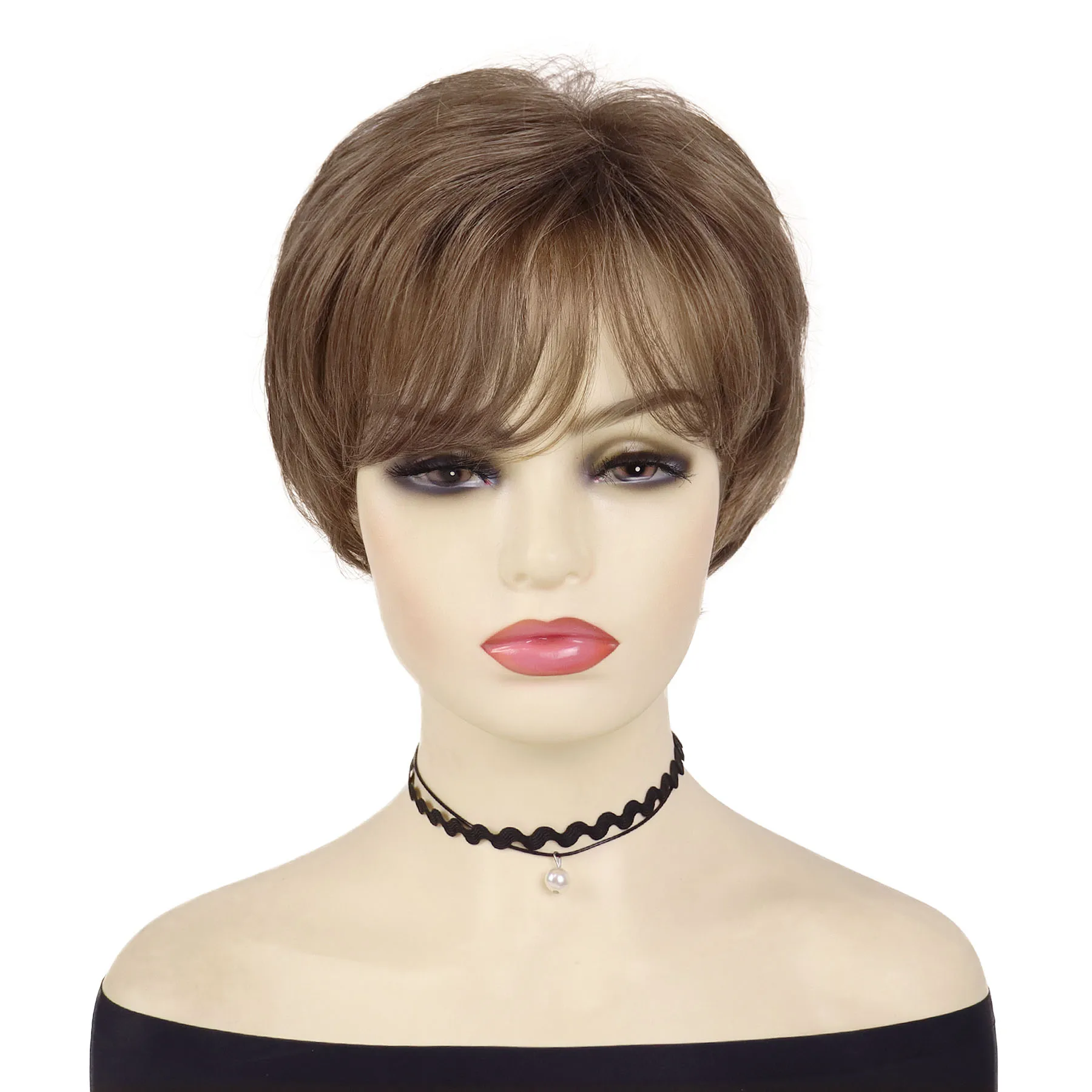 شعر مستعار اصطناعي بقص عابث للنساء، شعر مستعار بني قصير مع غرة، مظهر طبيعي، شعر مستعار بديل لشعر السيدة العجوز، زي يومي