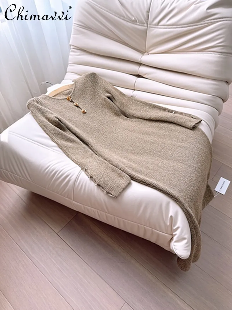 

French Style Elegant Round Neck Long Sleeve Beaded 3D Flower High Waist Slim Fit A-line Knitted Long Dress for Women Spring 2026