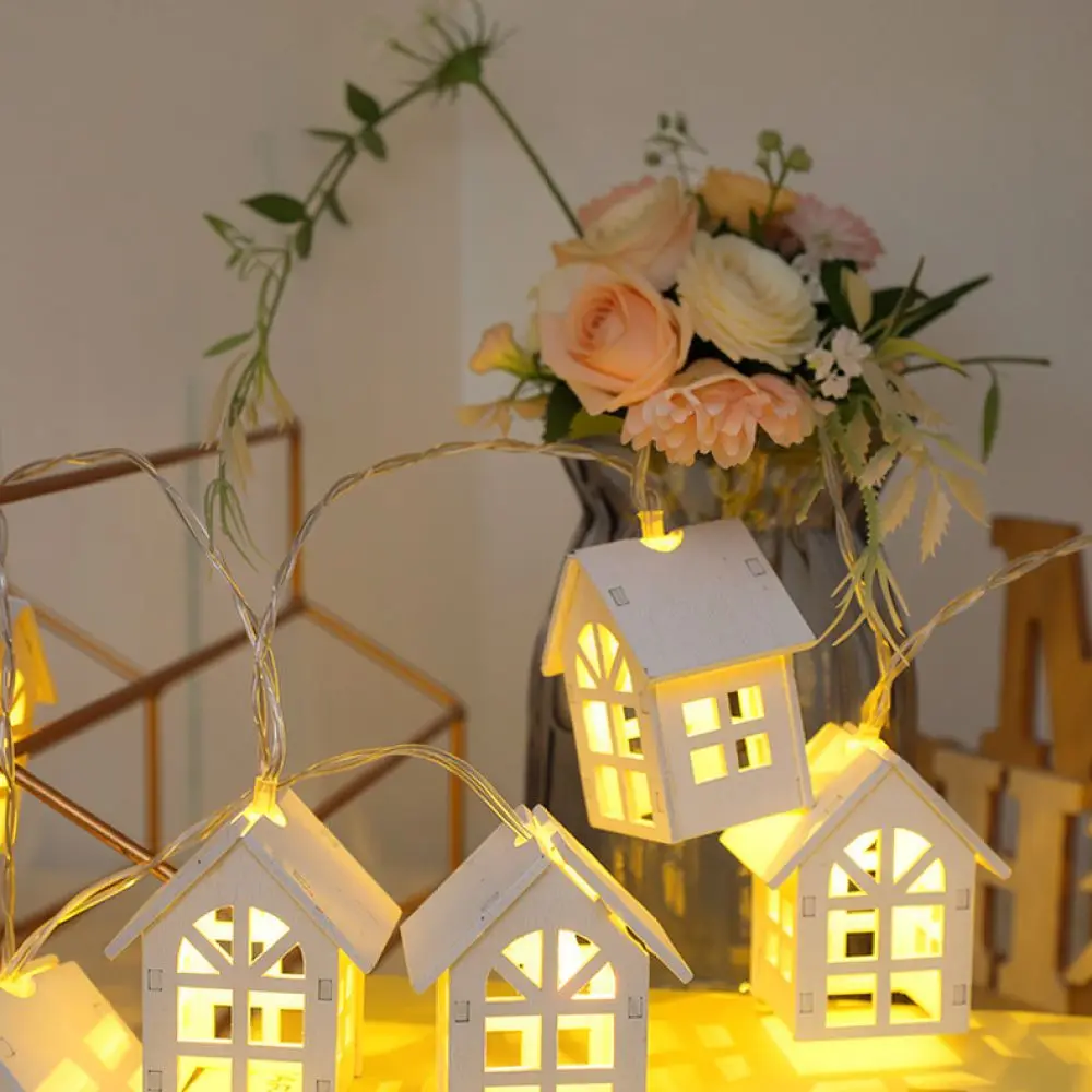 Wooden House LED String Lights Decorative Fairy Lamp For Xmas Holiday Party Home Bedroom Warm Atmosphere Tree Hanging Ornament