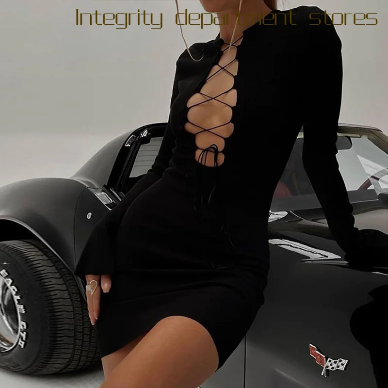 

Новинка! Женское летнее платье из полиэстера с V-образным вырезом, кружевными вставками, поясом, однотонное, облегающее, с длинным рукавом.