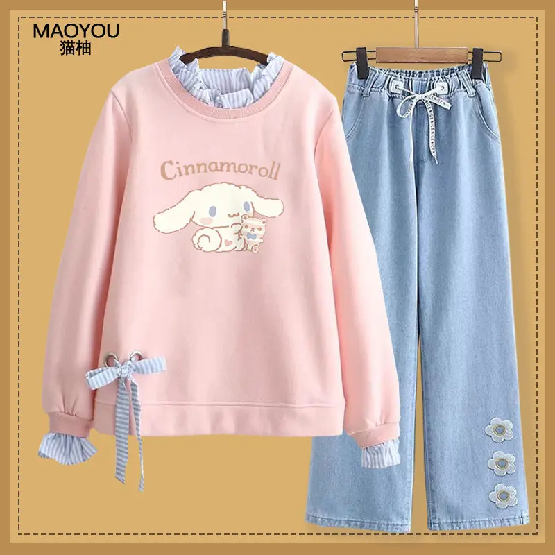 Kawaii Sanrio Cinnamoroll felpa con cappuccio Set ragazze medio e grande bambini felpa stile sciolto primavera autunno vestito cotone regali di