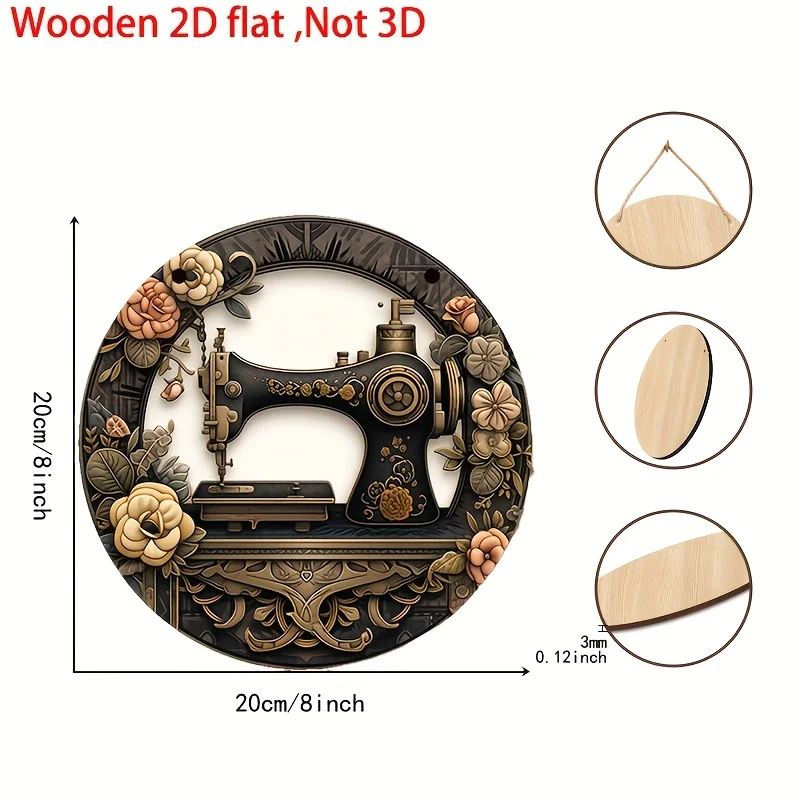 2D Flat, 1pc, Vintage Sewing Machine Round Wooden Sign, Circular Wooden Wall Decoration, Home Garden Decor, Door Header Decorati