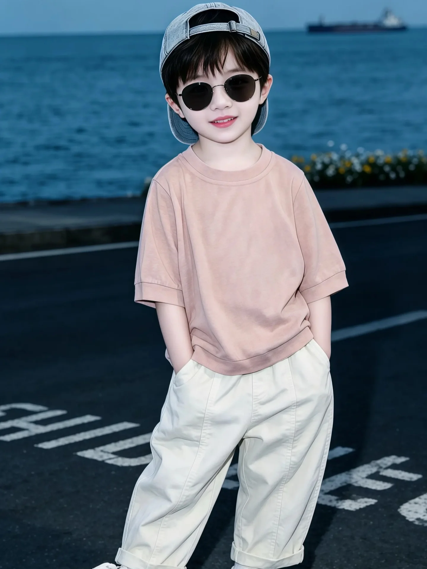 high-quality-summer-children's-casual-short-sleeve-color-wide-leg-pants-two-piece-set-cotton-modal-fiber-thin-model