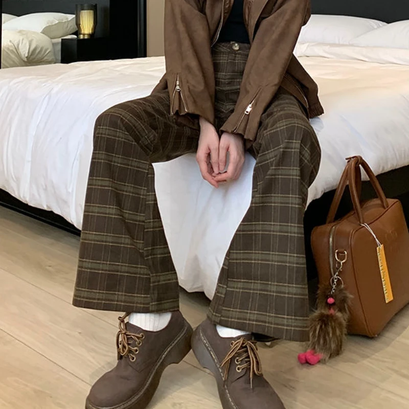 Plaid Pants Women Autumn High Waist Casual Vintage Flare Trousers Hotsweet Personality Fashion Soft Ulzzang Pantalones De Mujer