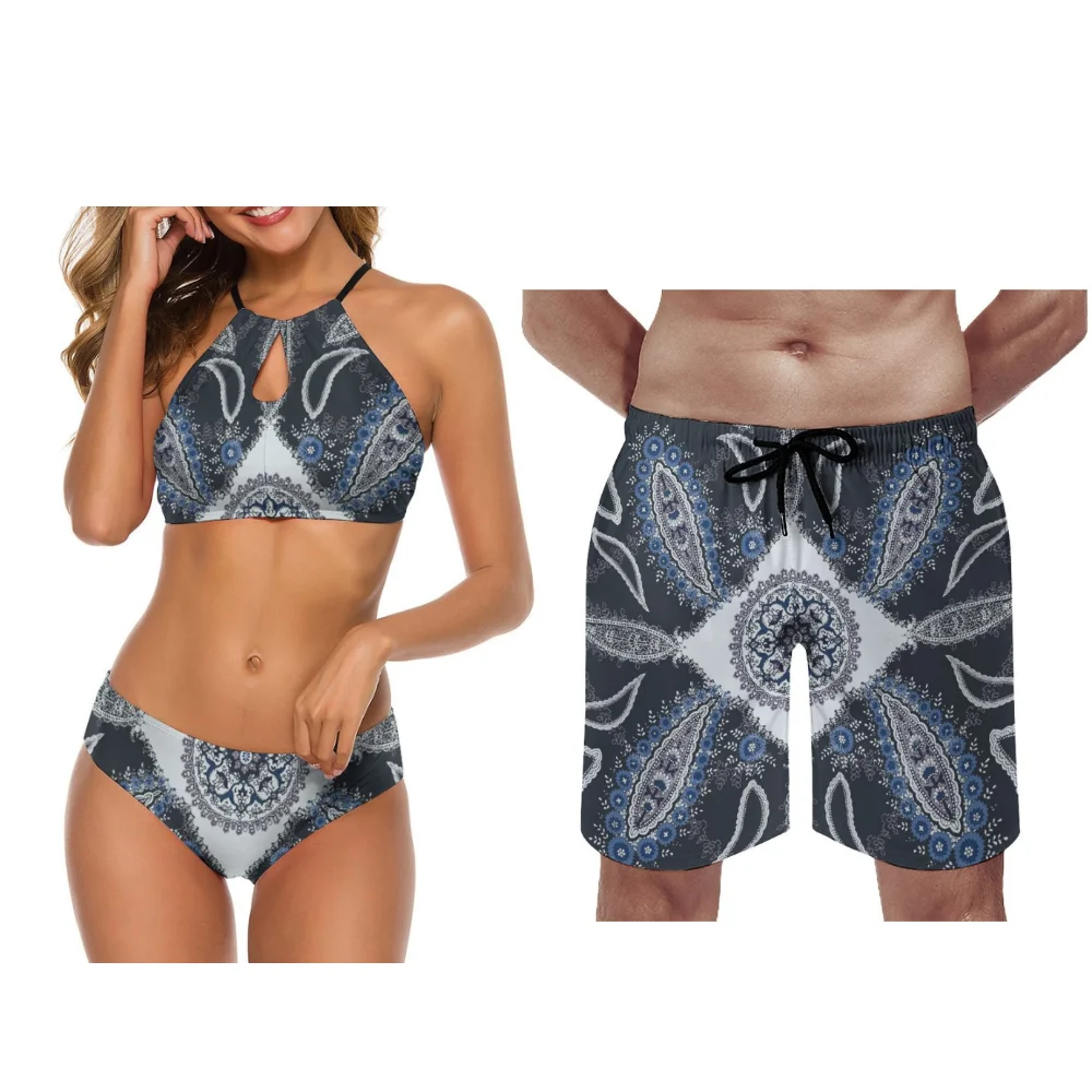 Customizable Bandana Beach Couple Swimsuits Men Casual Beach Pants Women Bikinis Brand New Design