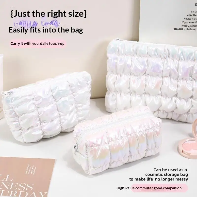 Iridescent Puffy Makeup Bag Fashion Bubble Grid Design Large Capacity Cosmetic Storage Bag for Weekend Getaway Travel