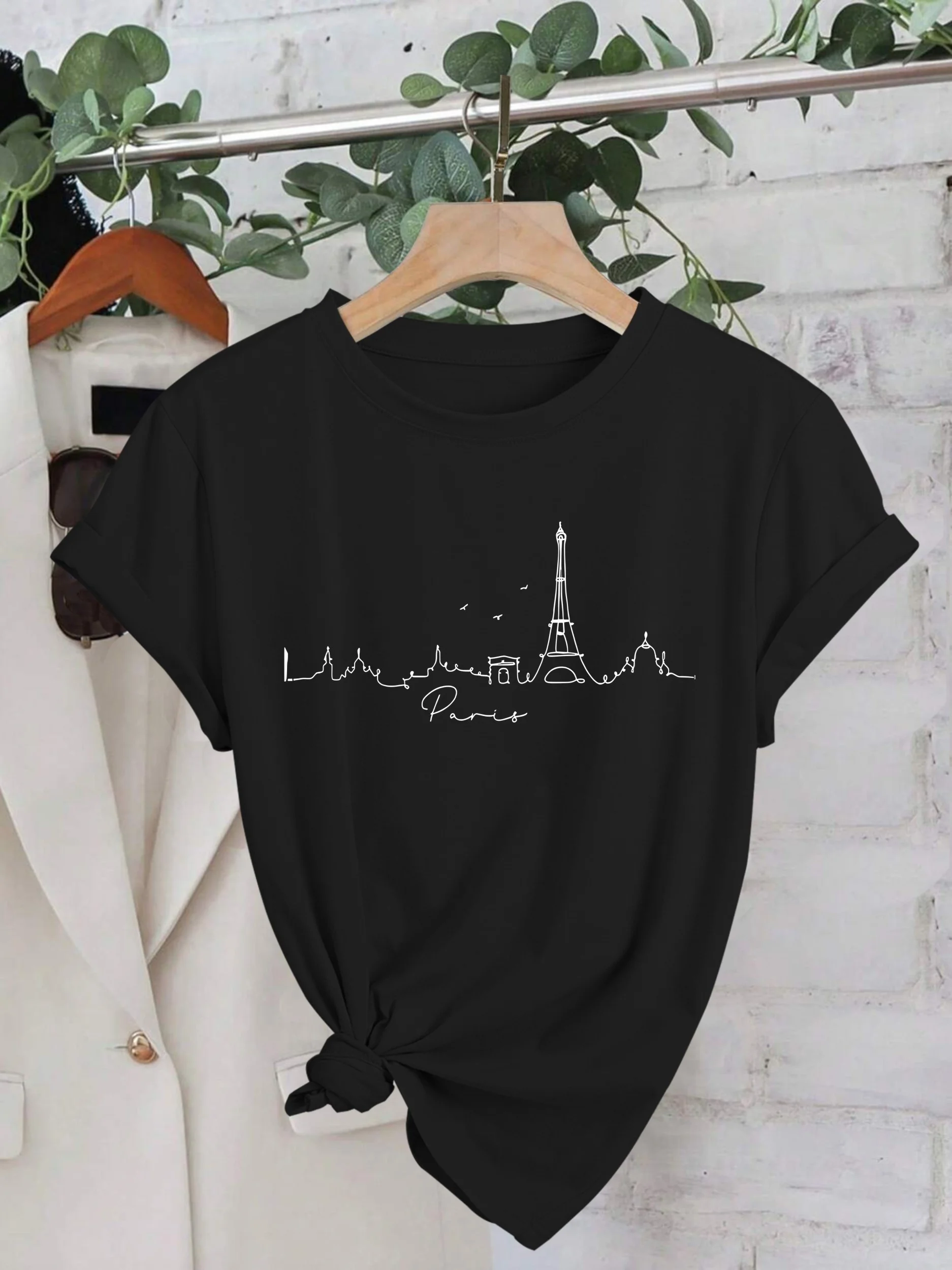 Summer Clothing In Paris - เสื้อยืดผู้หญิงสไตล์ปารีสสุดชิค แขนสั้น คอกลม ผ้าโพลีเอสเตอร์ ระบายอากาศได้ดี เหมาะสำหรับฤดูใบไม้ผลิและฤดูร้อน