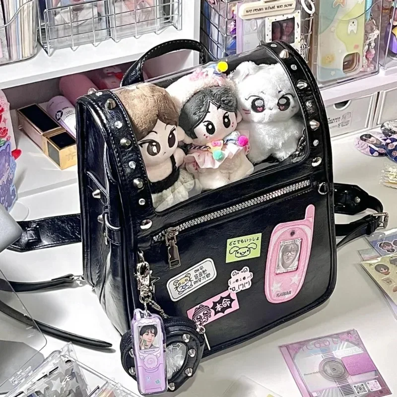 New Transparent Pocket Japanese Lolita Bag Girls Rivet JK Uniform Doll Ita Bag Student PU Y2k Black Backpack Women's Kawaii Bag