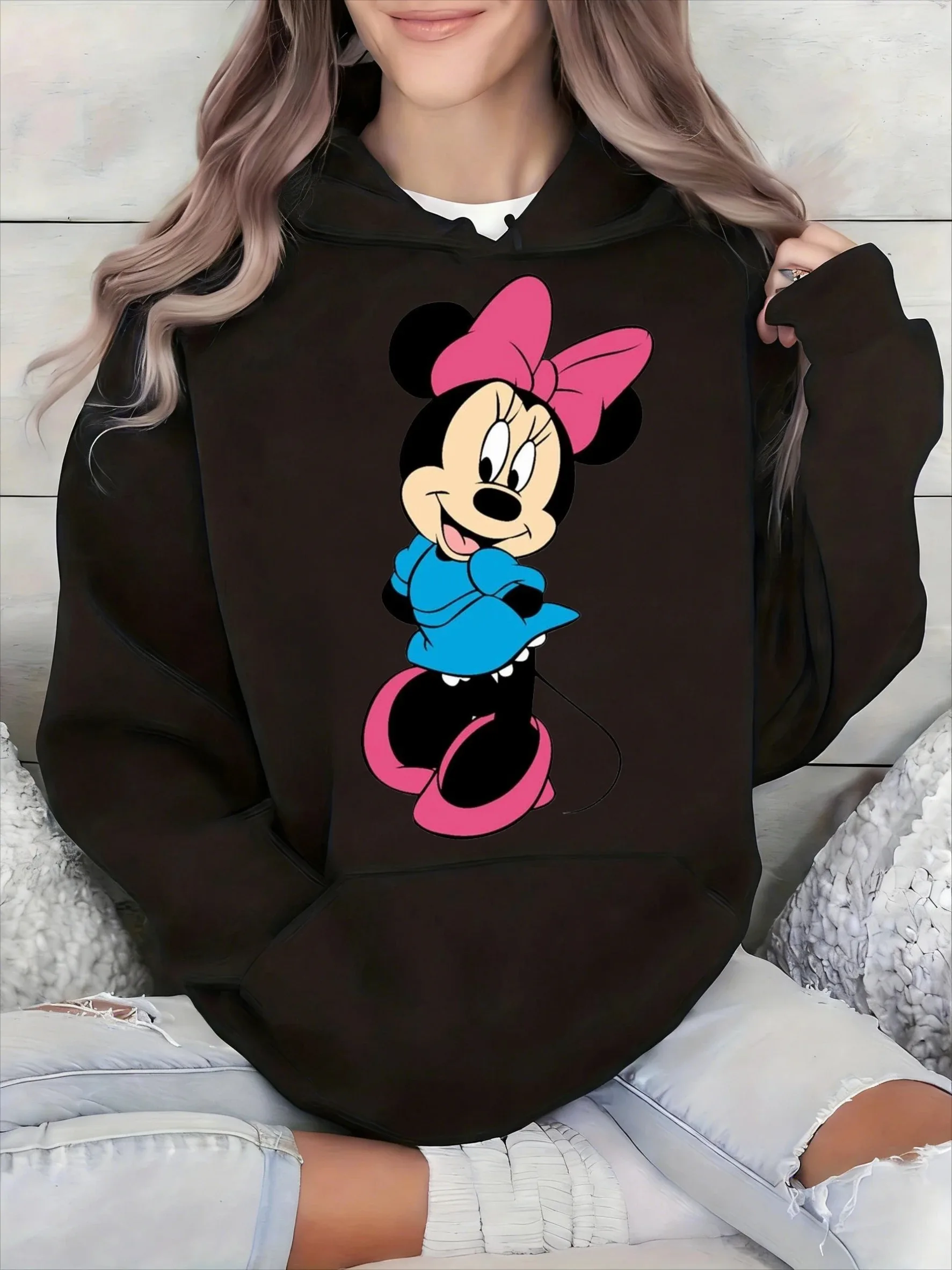 

Женская хлопковая толстовка с капюшоном Disney Classic Minnie Mouse, синее платье с принтом Микки Мауса, повседневная толстовка с длинными рукавами и розовым бантом, 2026 год
