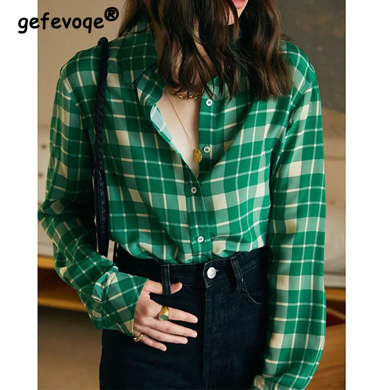 

2023 Autumn New Sweet Plaid Long Sleeve Blouses for Women Tailored Collar Button Patchwork Long Sleeve Loose Chiffon Shirt