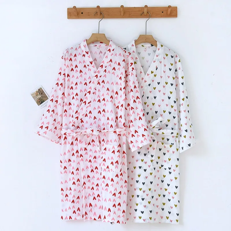 Belt Bathrobe Women's Pure Cotton Gauze New Nightgown Sweet Love Four Seasons Thin Wearable Bath Towel Yukata 2