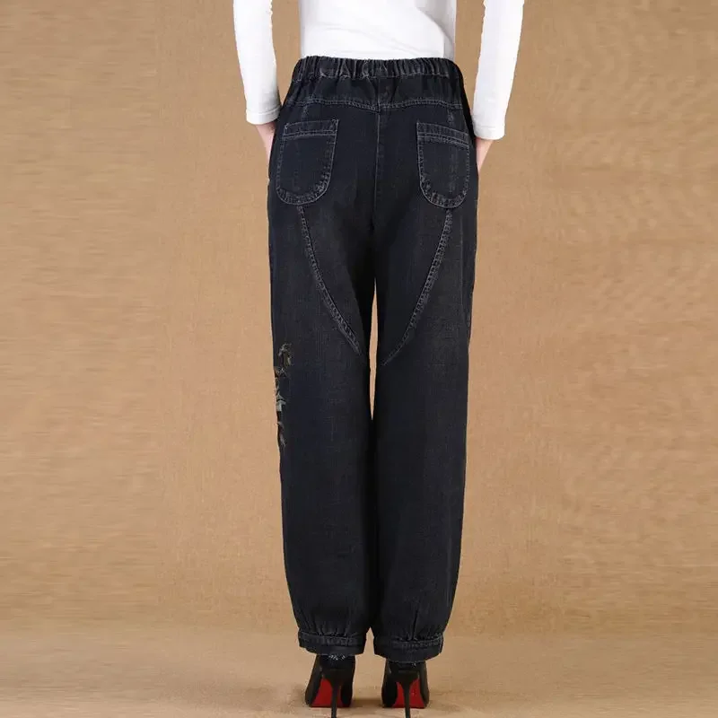 2024 High-Waisted Embroidered Women's Trousers Loose-Fit Plus Size Middle-Aged And Elderly Autumn New Denim Rhubarb Pants