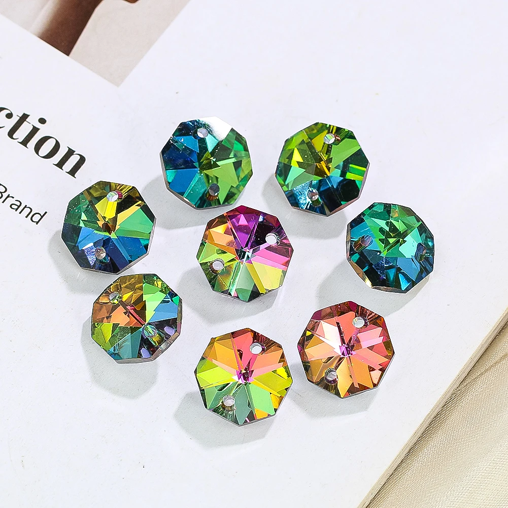 10PC 14mm Rainbow Aurora Laser Prism Octagon Glass Crystal Double-holes Spacer Beads Necklace Earring Dangle Jewelry Make Parts